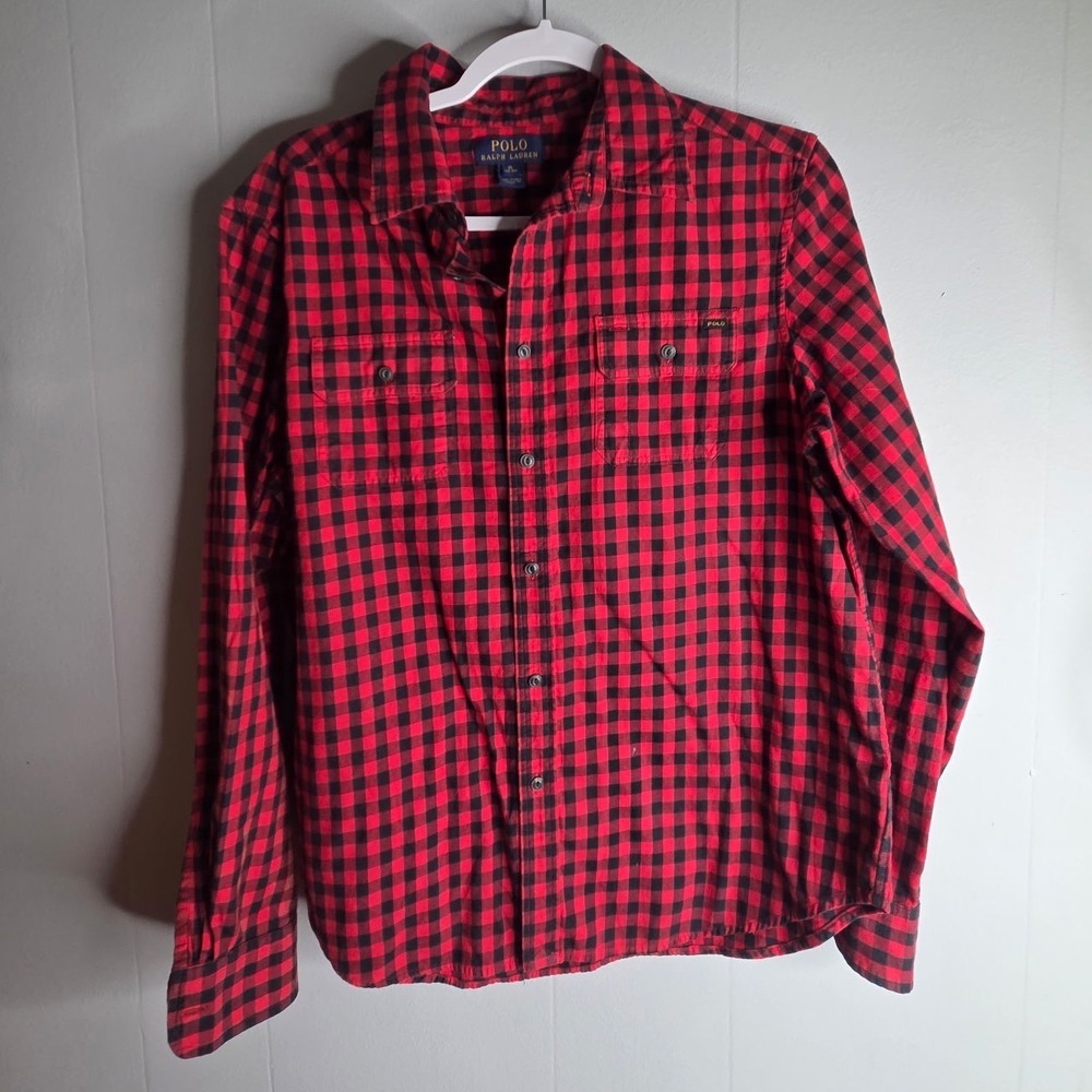 Polo Ralph Lauren Boys XL 18-20 Red Black Buffalo Plaid Button Down Shirt 2068